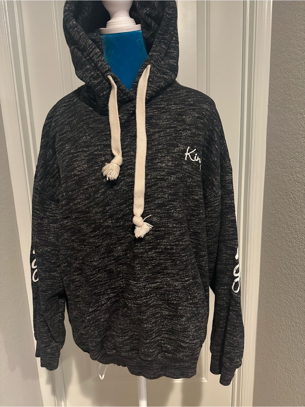 King Graphic Hoodie Large Black Gray Marled Pullover Sweatshirt Crown Unisex